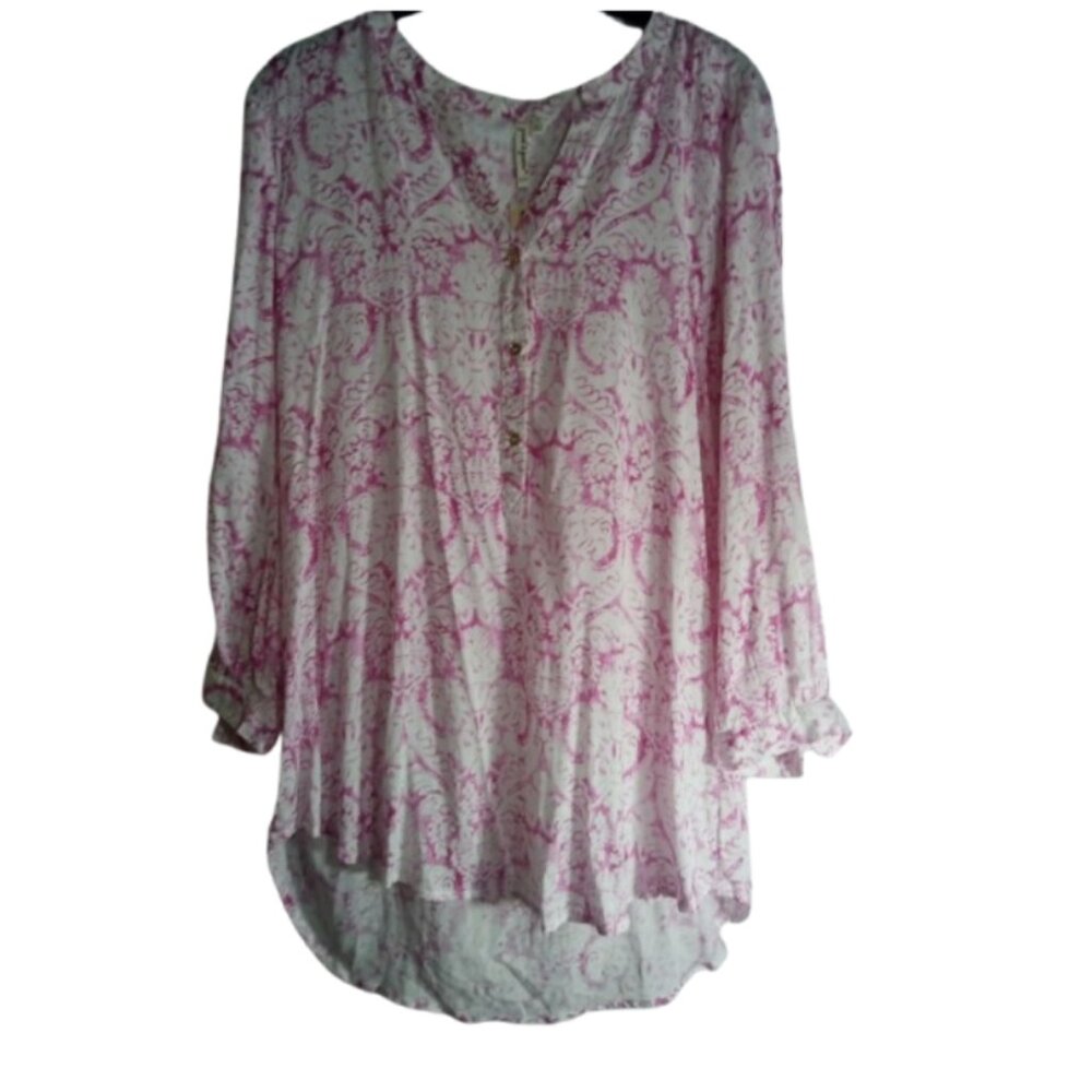 Grand & Greene Top Womens Size L Pink Pattern Button Up V Neck Popover